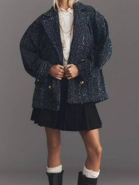 Mauve for Anthropologie Navy and White Tweed Double-Breasted Denim Blazer NWT!